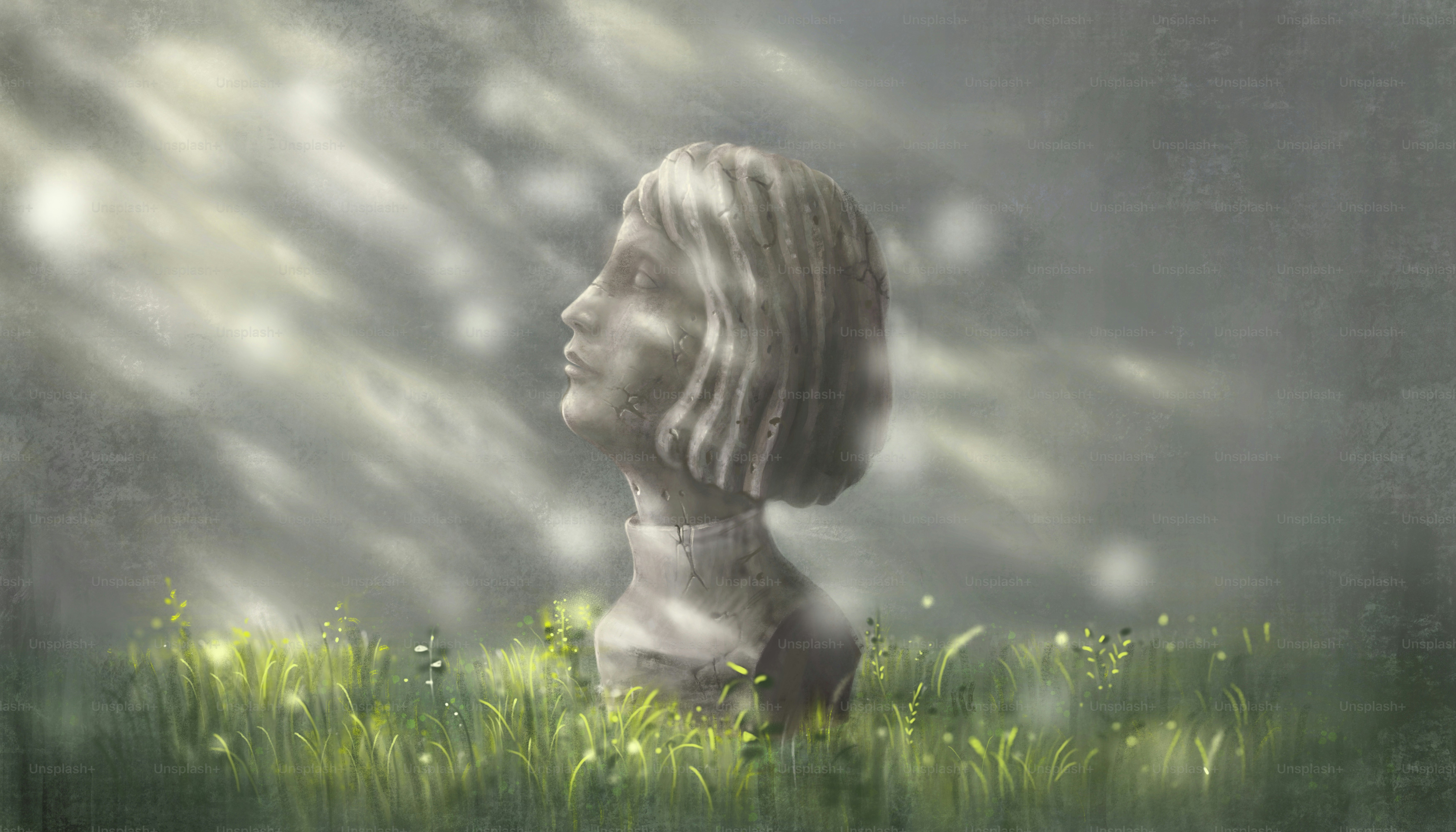 Concepto de vida y sueño de esperanza, pintura surrealista de la escultura de la mujer con la luz, arte digital, obra de arte de fantasía, ilustración de la imaginación