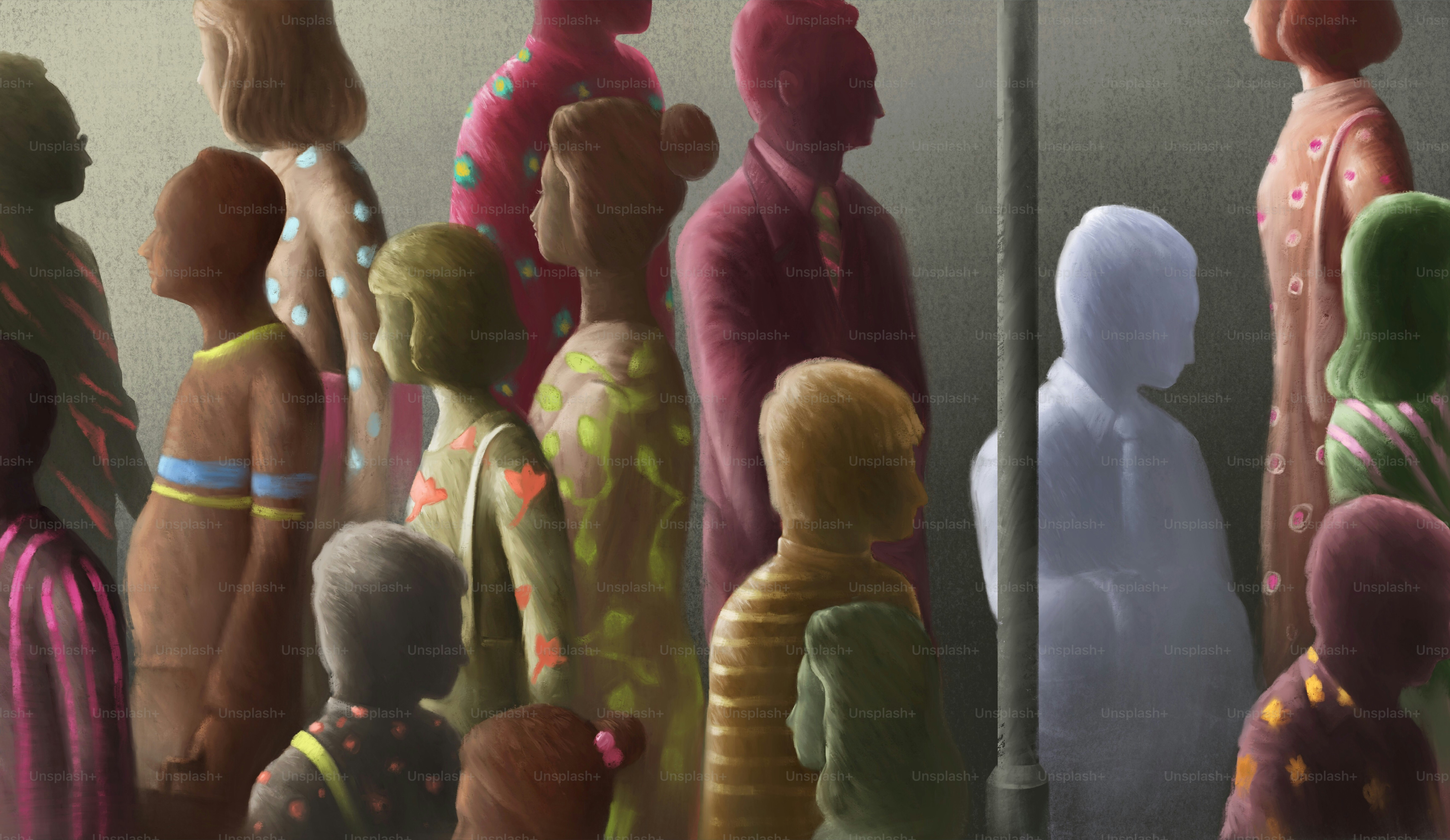 Sad and lonely man in colorful crowd ,depression concept fantasy surreal illustration