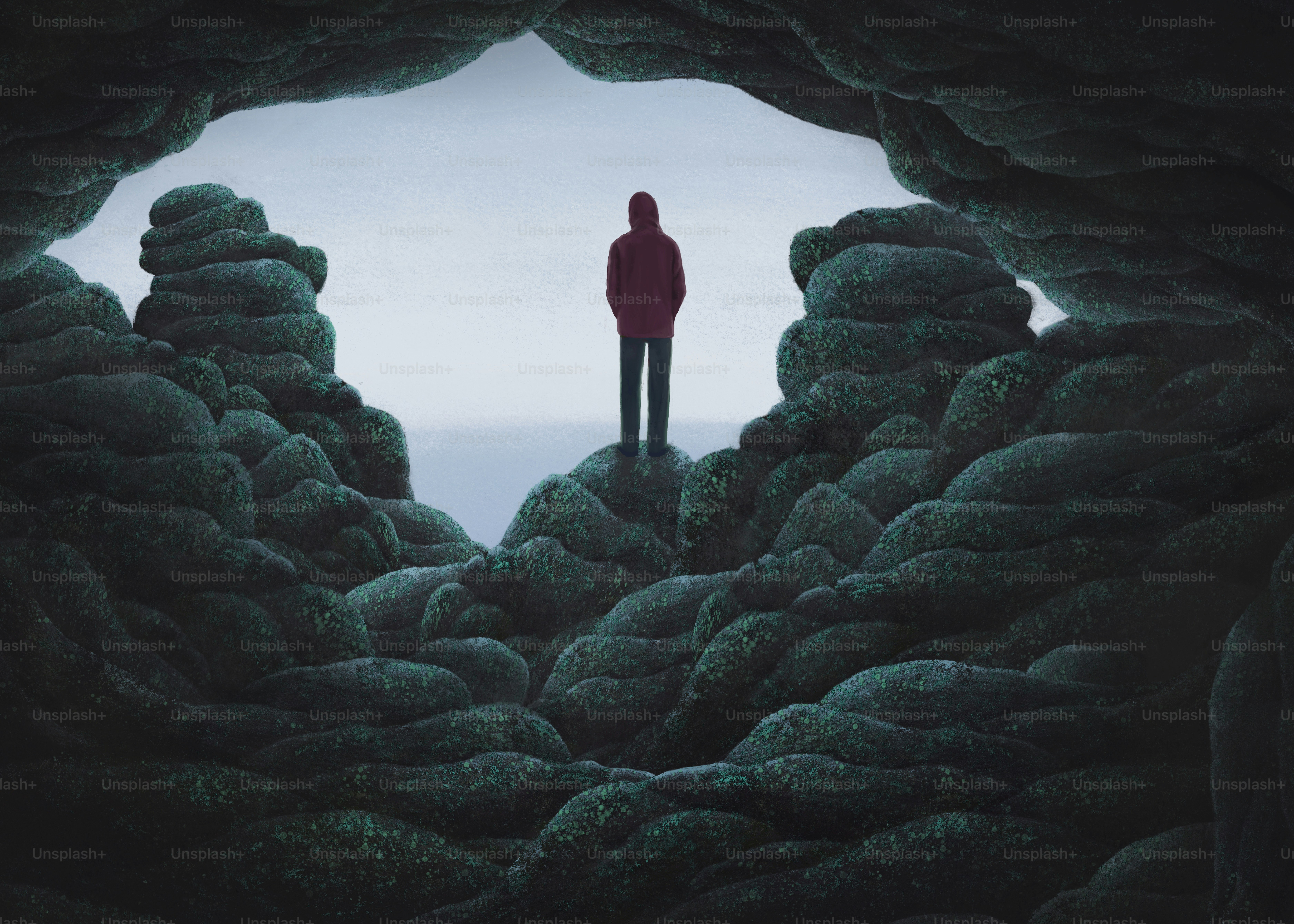 Man alone with the sea , travel concept, loneliness, surreal painting, fantasy illustration