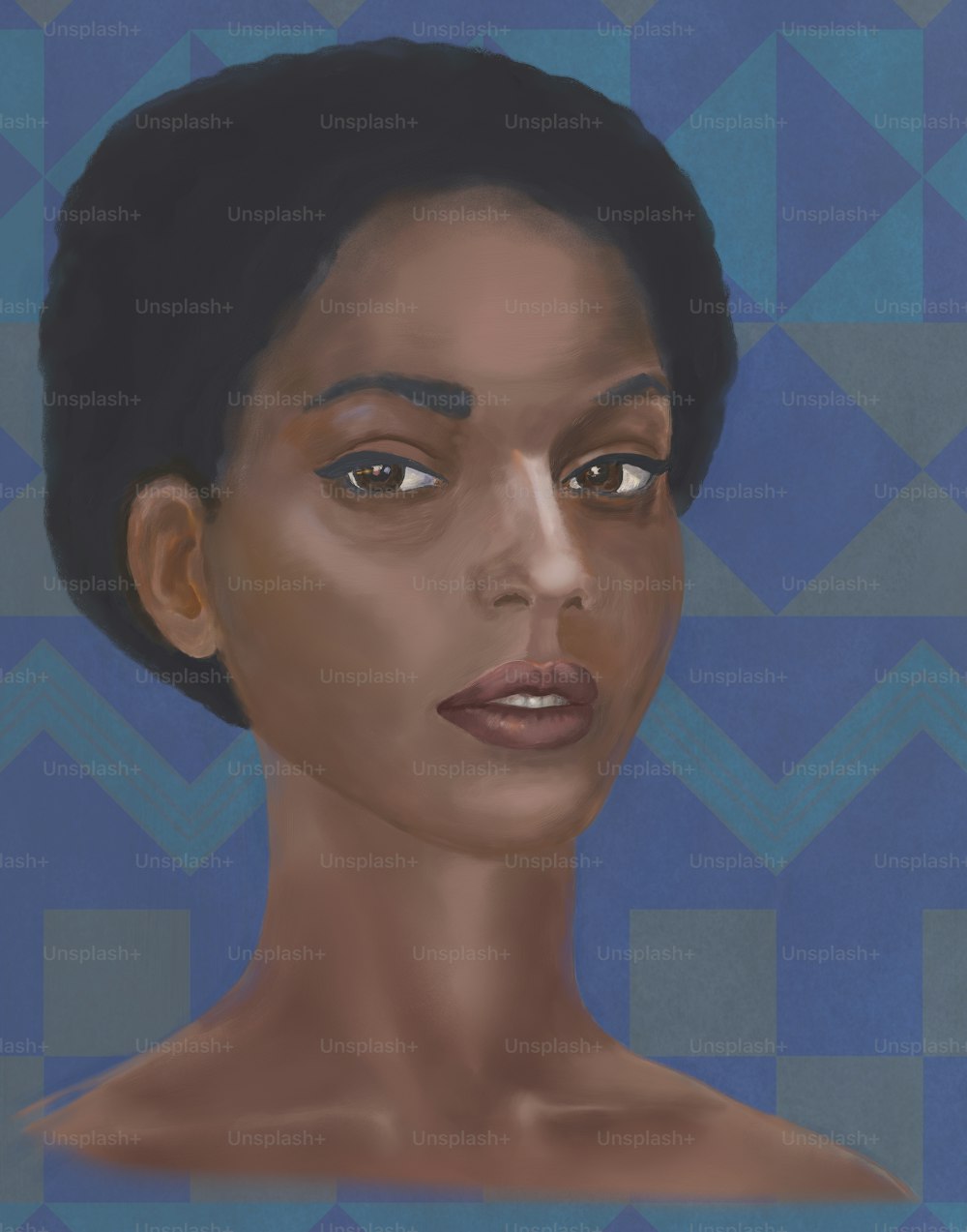 Porträt eines jungen Mädchens afrikanischen Typs mit den Zügen der jüdischen Volksgruppe von Falashi. Das Mädchen ist in drei Vierteln dargestellt, in Nahaufnahme auf gelbem Hintergrund. Die Augen sind fokussiert und auf den Betrachter gerichtet. Die Technik des geprägten Abstrichs