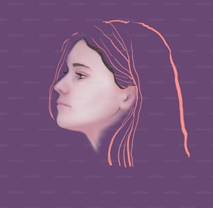 Fashionable portrait of a girl close-up in profile. Outline applied, low contrast, violet background. Digital painting