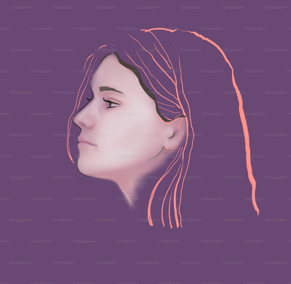 横顔の女の子のクローズアップのファッショナブルな肖像画。アウトライン適用、低コントラスト、紫色の背景。デジタルペインティング