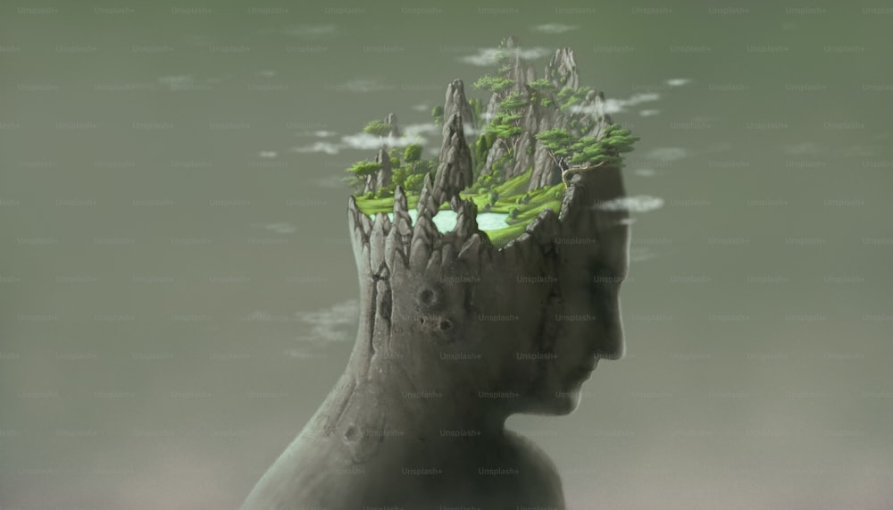 Surreal broken human sculpture with fantasy nature landscape on a head, freedom life mind soul dream and environment concept. imagination artwork. painting illustration