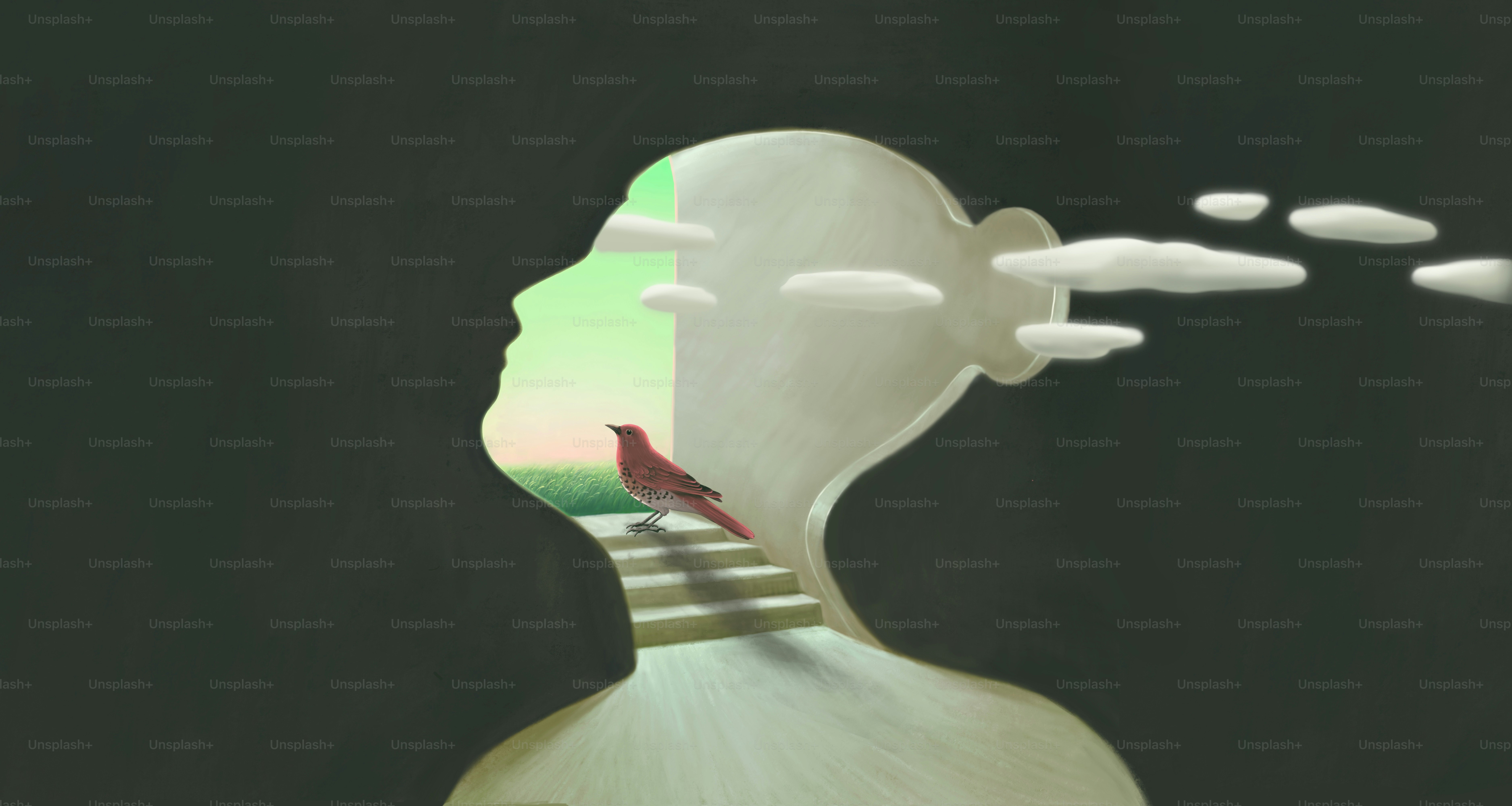 illustrazione concettuale, uccello che guarda il cielo nella testa della donna, immaginazione, speranza, sogno e ambizione, concept art, opera d'arte, opera d'arte, ritratto surreale