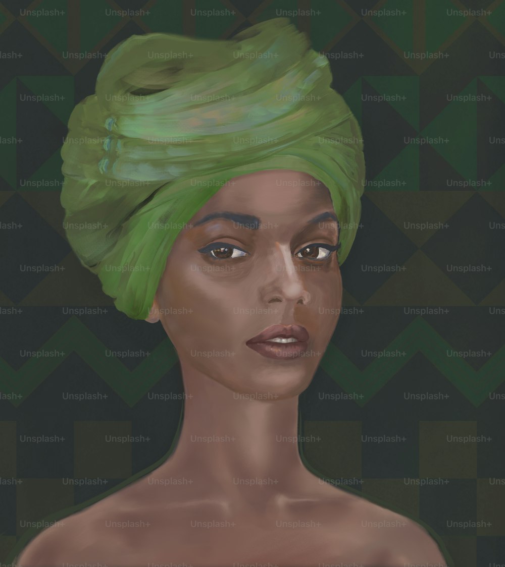Portrait of a young woman of African style with features of the Jewish ethnic group Falashi. The girl is shown in three-quarters close-up. On the head is a stylized turban. The eyes are focused and directed towards the viewer. Embossed brushstroke technique