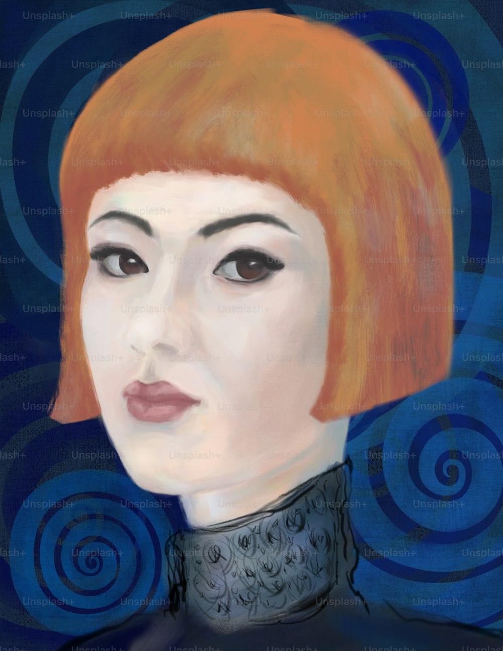 Painterly portrait of an asian girl in impressionism style on abstract geometric background