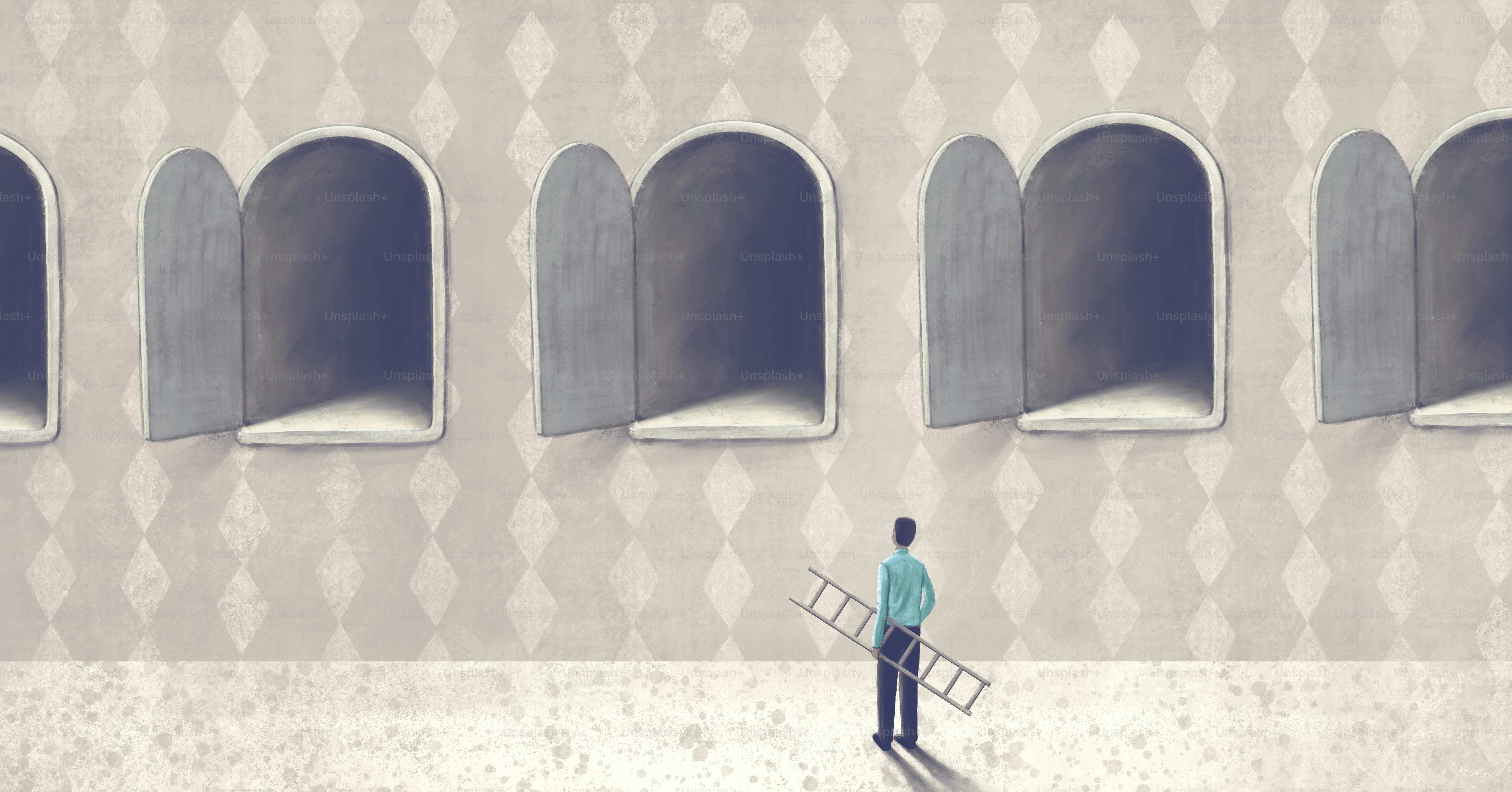 Choice concept idea artwork, man with surreal gates, conceptual painting, imagination illustration, dream art