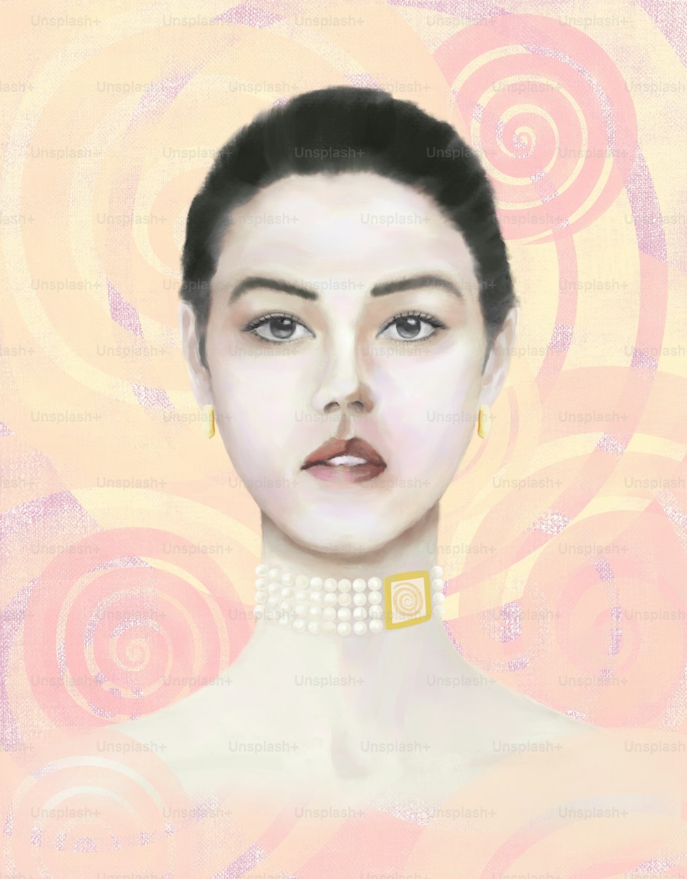 Retrato de una mujer joven con raíces asiáticas y europeas con decoraciones que incluyen el símbolo del sol sobre un fondo geométrico