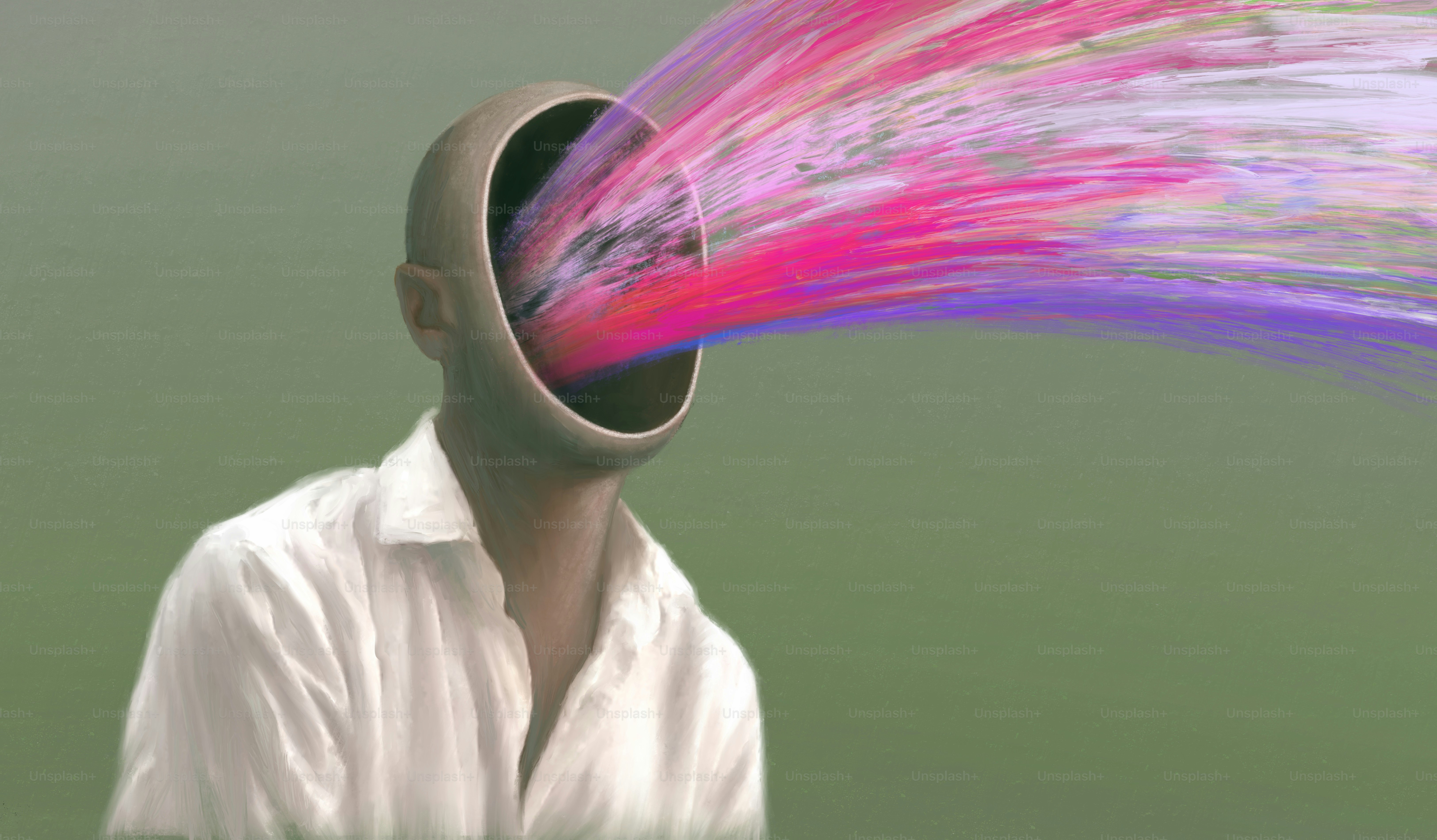 Idea of imagination concept, surreal scene a man with gold abstract head, fantasy artwork, inspiration, freedom