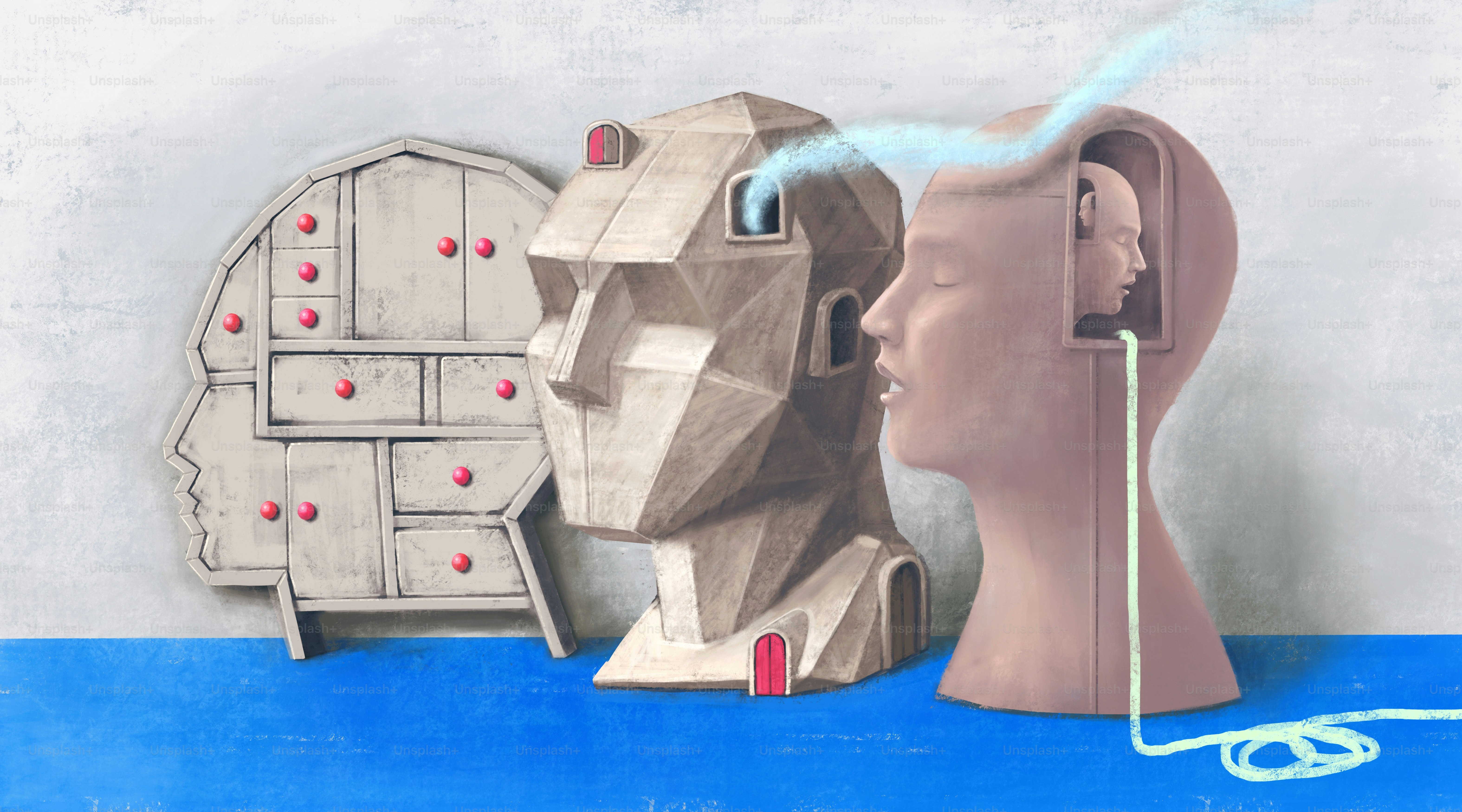 Concept art, idea of brain and psychology , surreal painting, conceptual illustration, portrait artwork