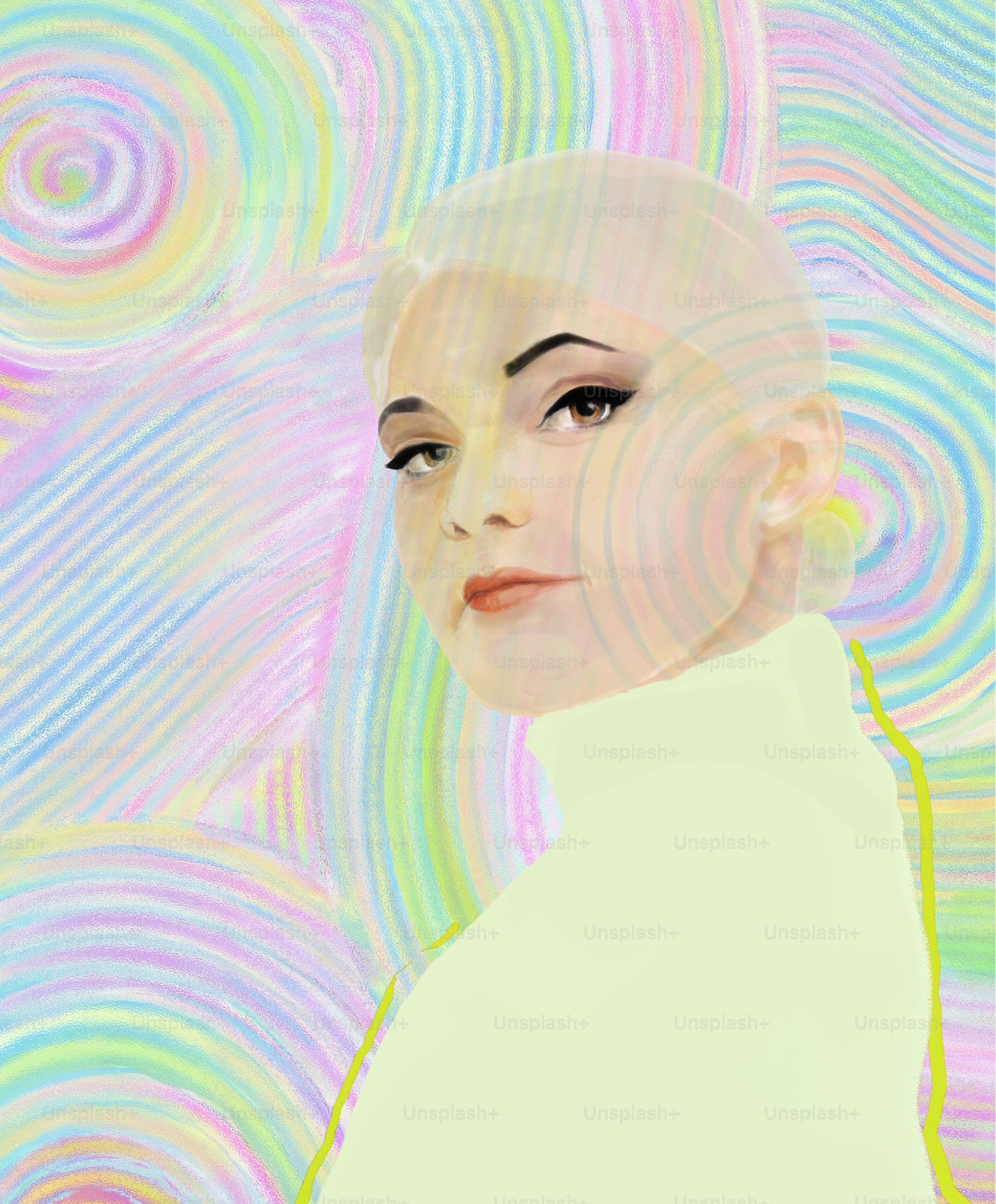 Close-up portrait of a fashion model. Blond hair, three-quarter angle, close gaze, makeup. The work is done in the technique of watercolor in light colors