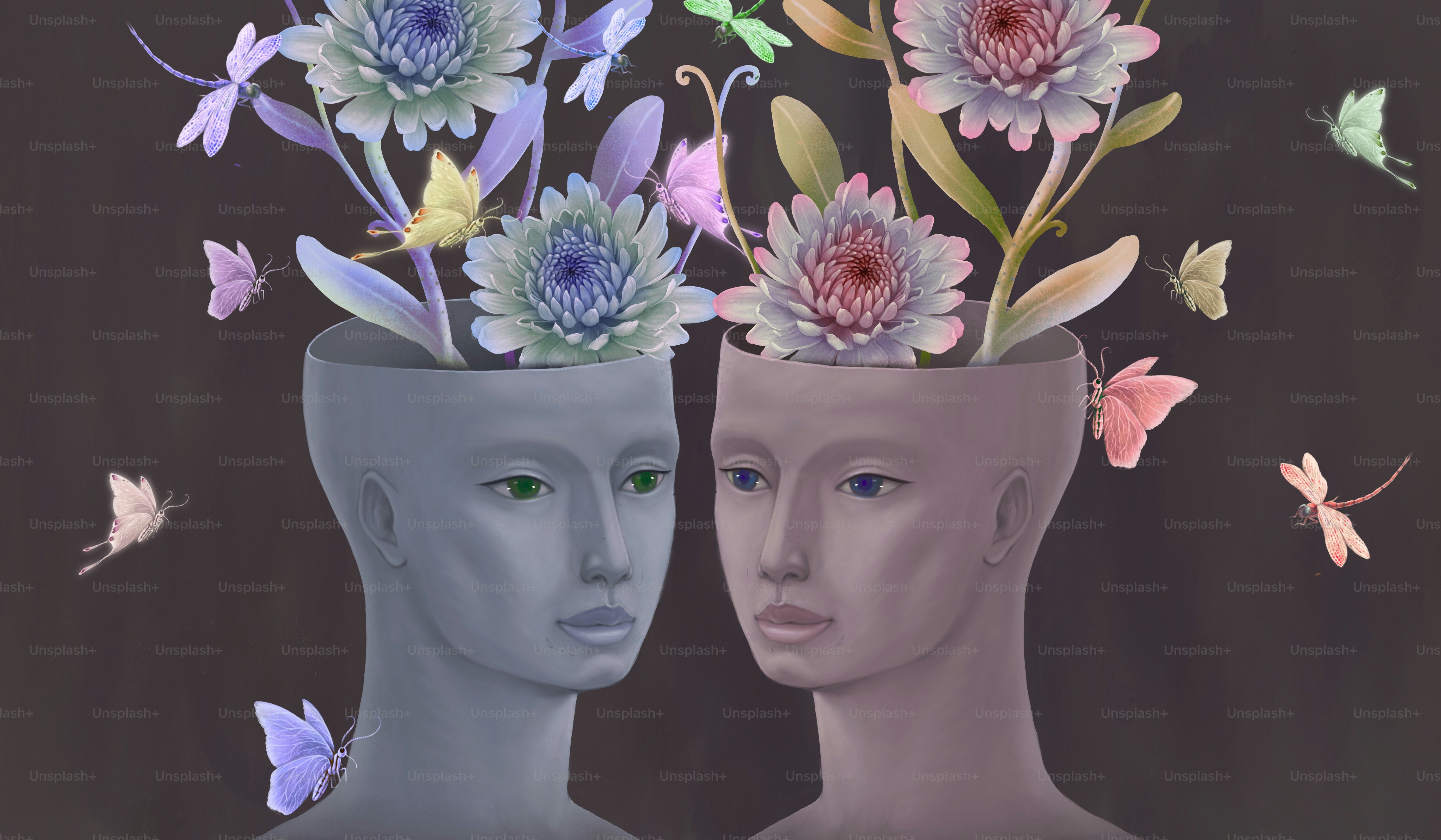Weman with flower head and butterfly . surreal portrait illustration. concept idea of love imagination inspiration dream and nature. conceptual painting. art