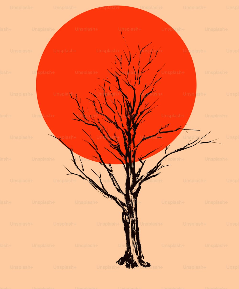 빨갛게 달궈진 태양 원반을 배경으로 한 마른 나무. 세로 형식