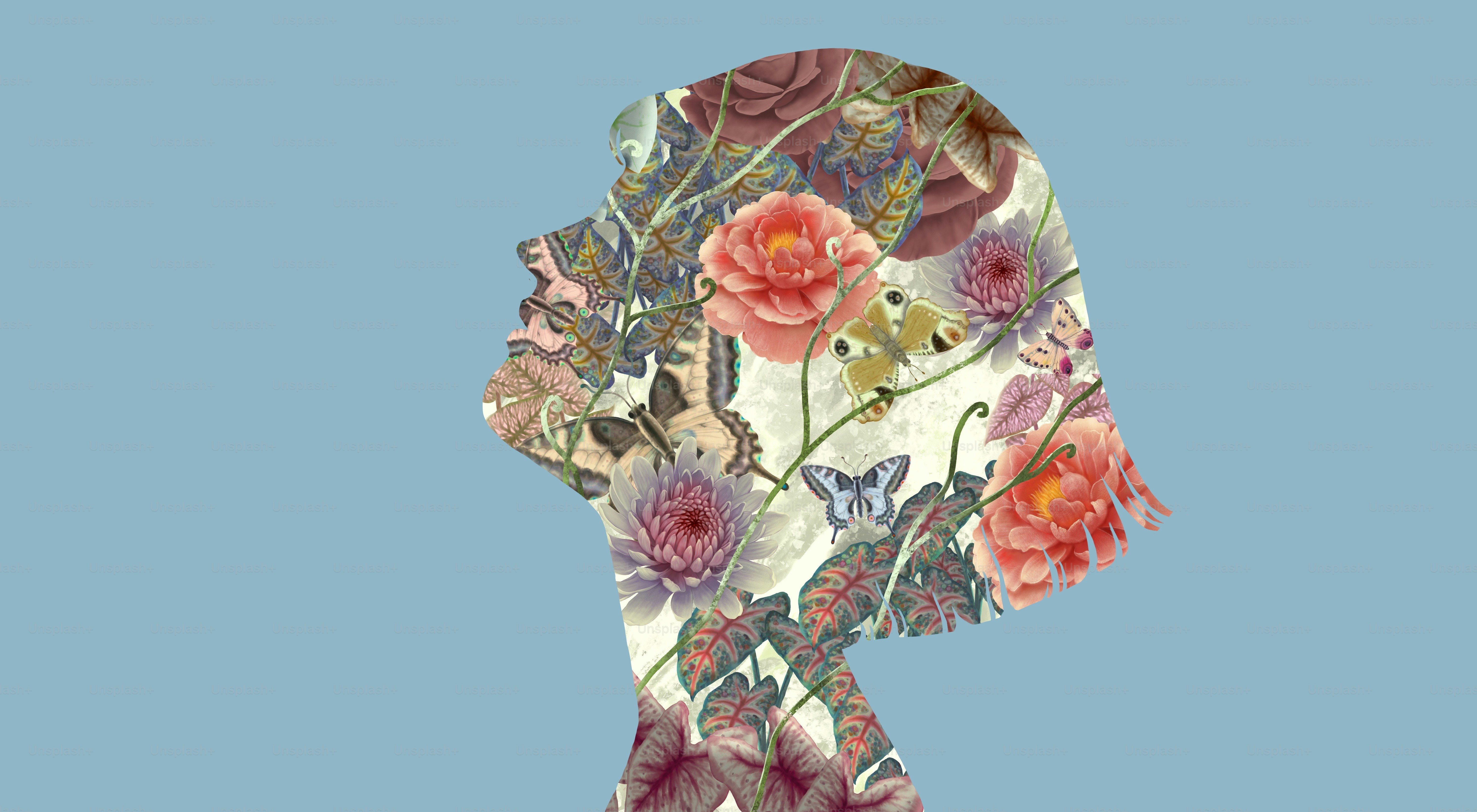 Flowers and butterfly in a women face. portrait artwork. concept art of nature and botanical. collage painting.