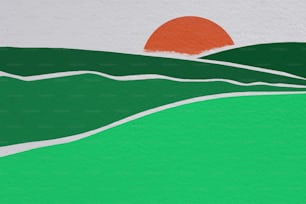 Illustration of a sun setting or rising with fields of green grass