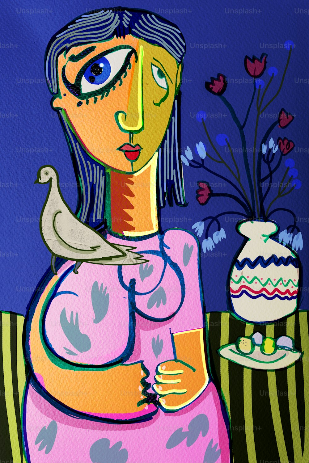 Portrait of a woman drawn in cubist style with a white dove of peace