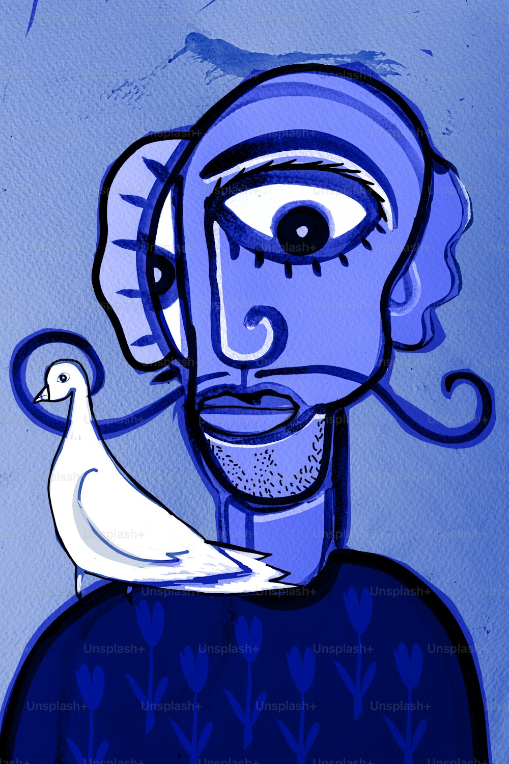 Porträt eines Mannes mit Schnurrbart im kubistischen Stil als eine Form der Übermittlung des Friedenswortes