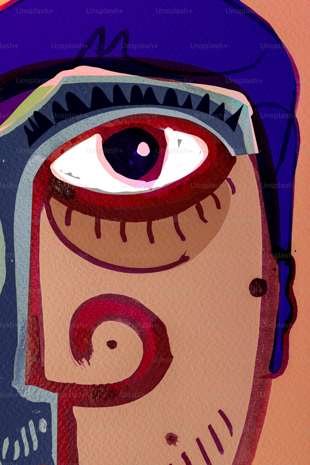 Close-up of a man's eye in certain painting style called cubism