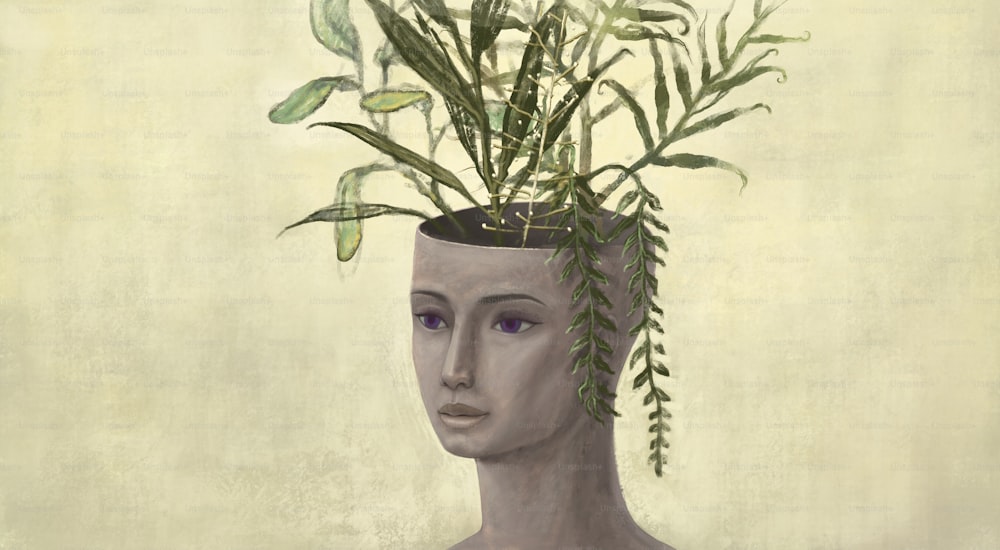 Surreal Concept art of nature and people. Woman with leaf head