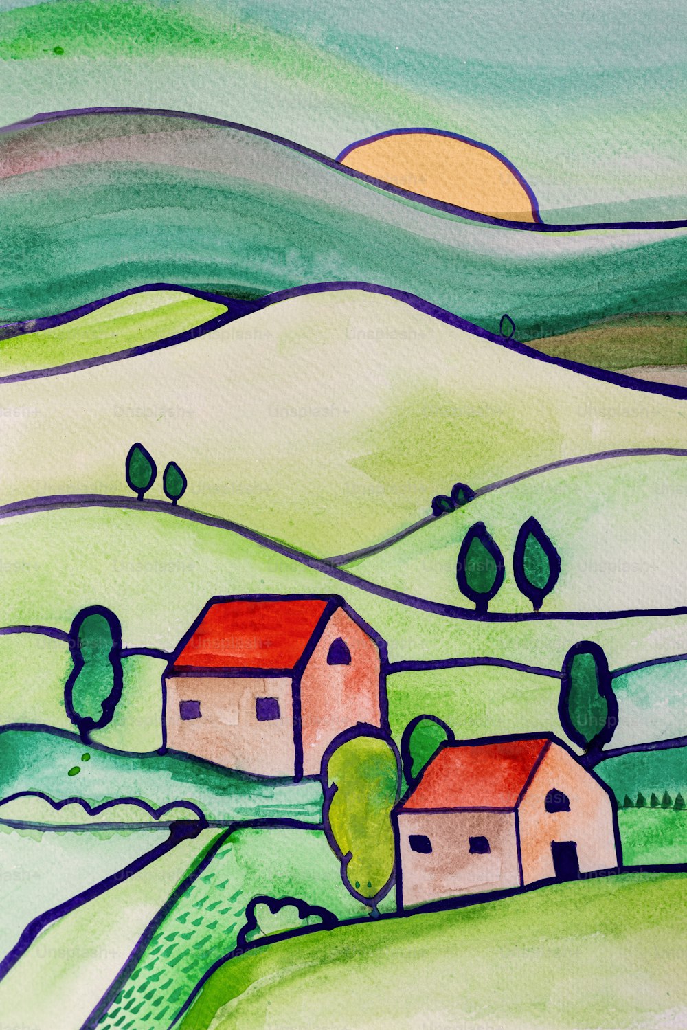 Cena mágica de uma paisagem de aldeia no estilo de aquarelas