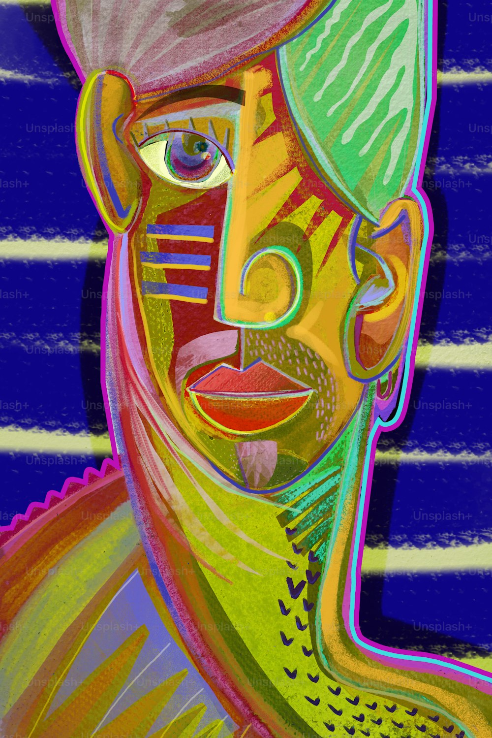 Metaverso Arte Cubismo Colorido. Retrato de um homem pensante desenhado em estilo cubista