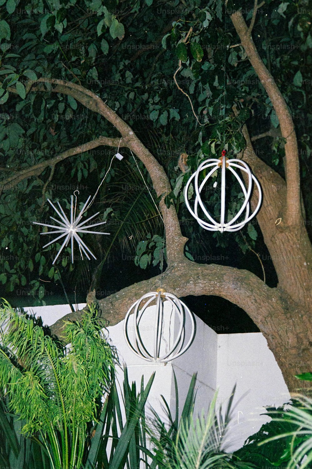 uma árvore com ornamentos pendurados em seus galhos