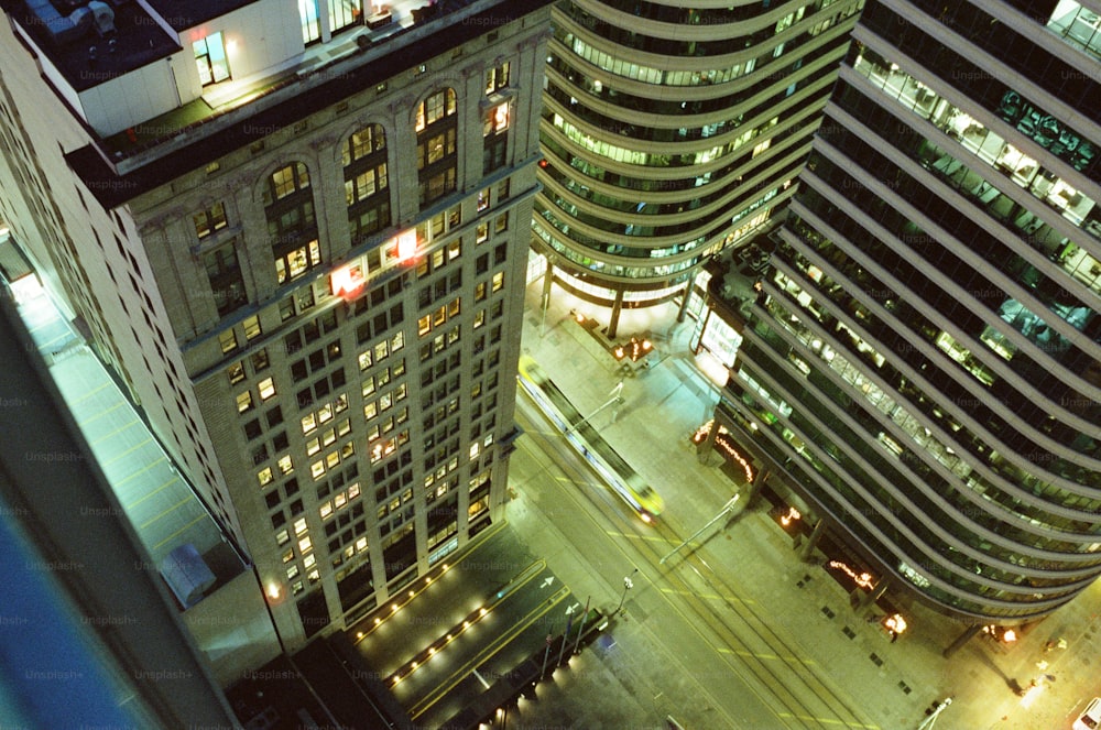 an aerial view of a city at night