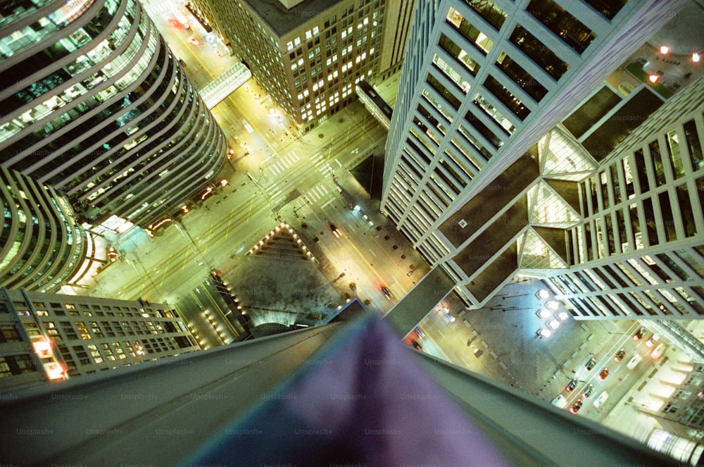 an aerial view of a city at night