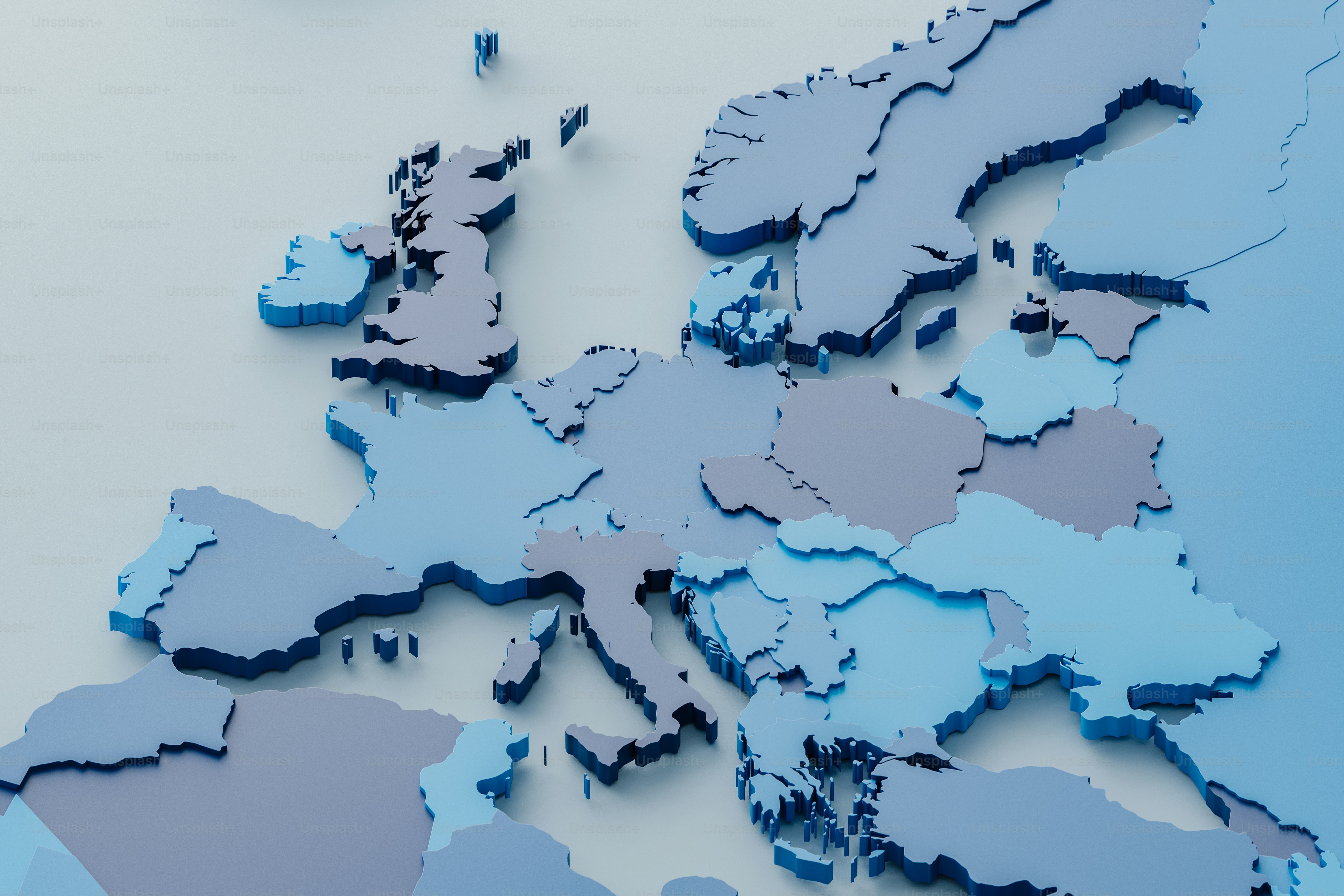 3D stylized minimalistic map of the European continent.