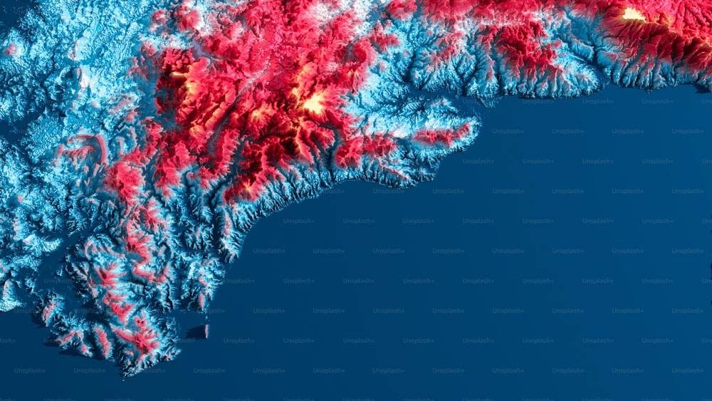 Una imagen satelital de una montaña roja y azul