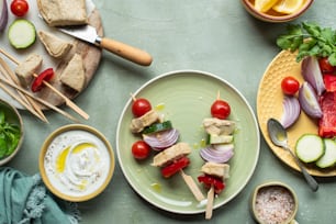 ein grüner Teller mit Fleisch und Gemüse