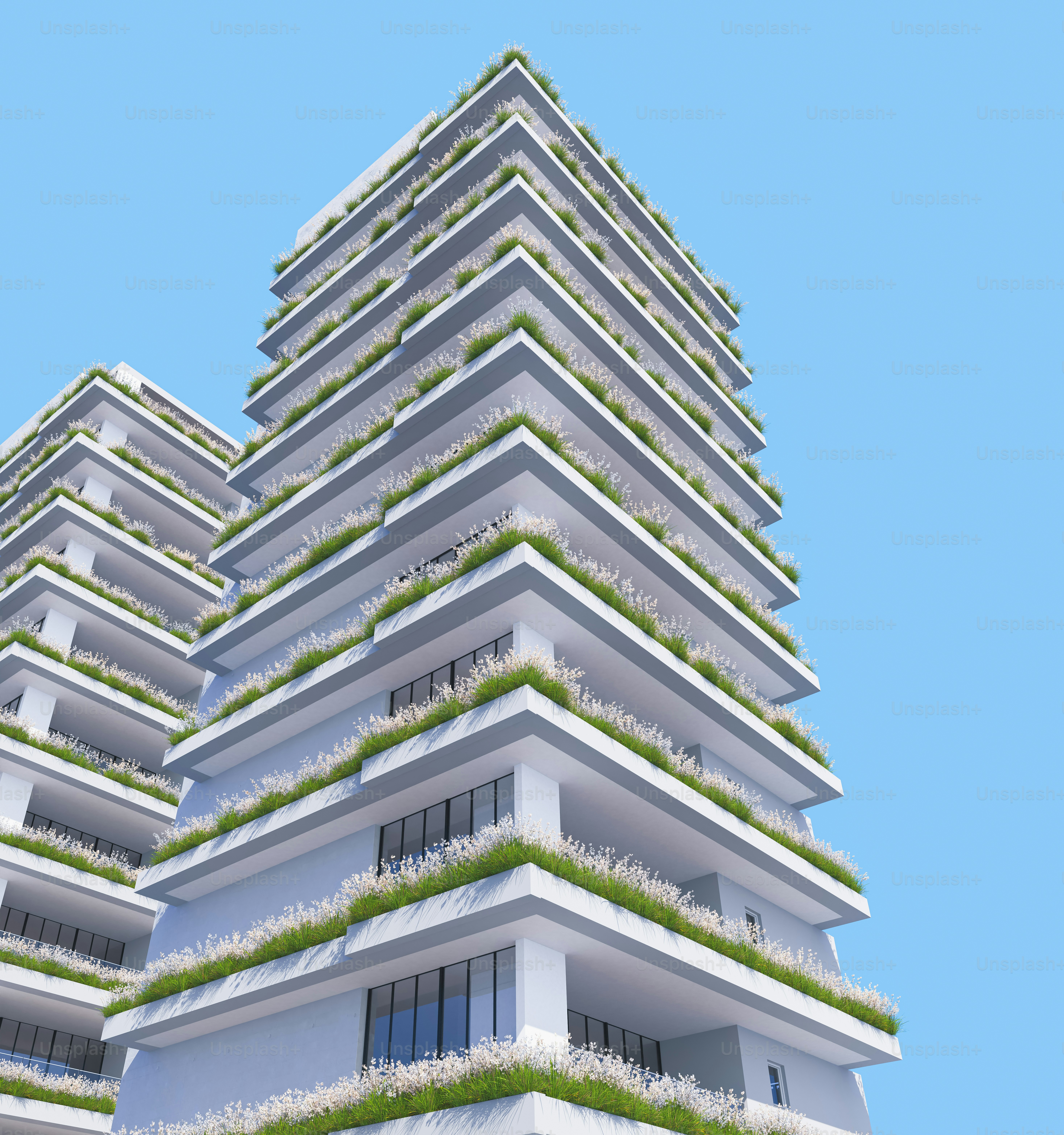 A very tall building with a bunch of plants growing on it photo ...