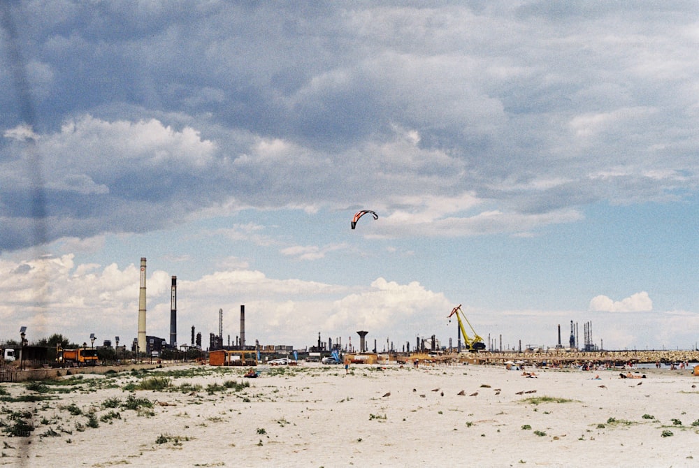 una persona che fa volare un aquilone su una spiaggia sabbiosa