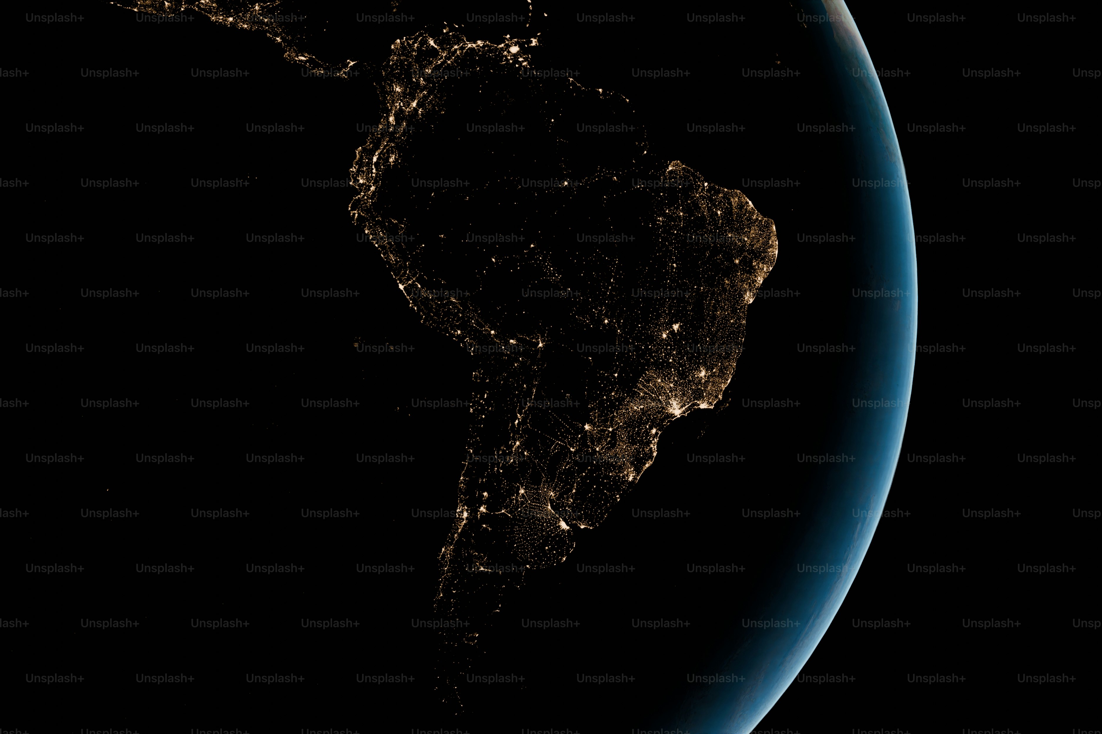 South America with City Lights at Night. 3D Render.