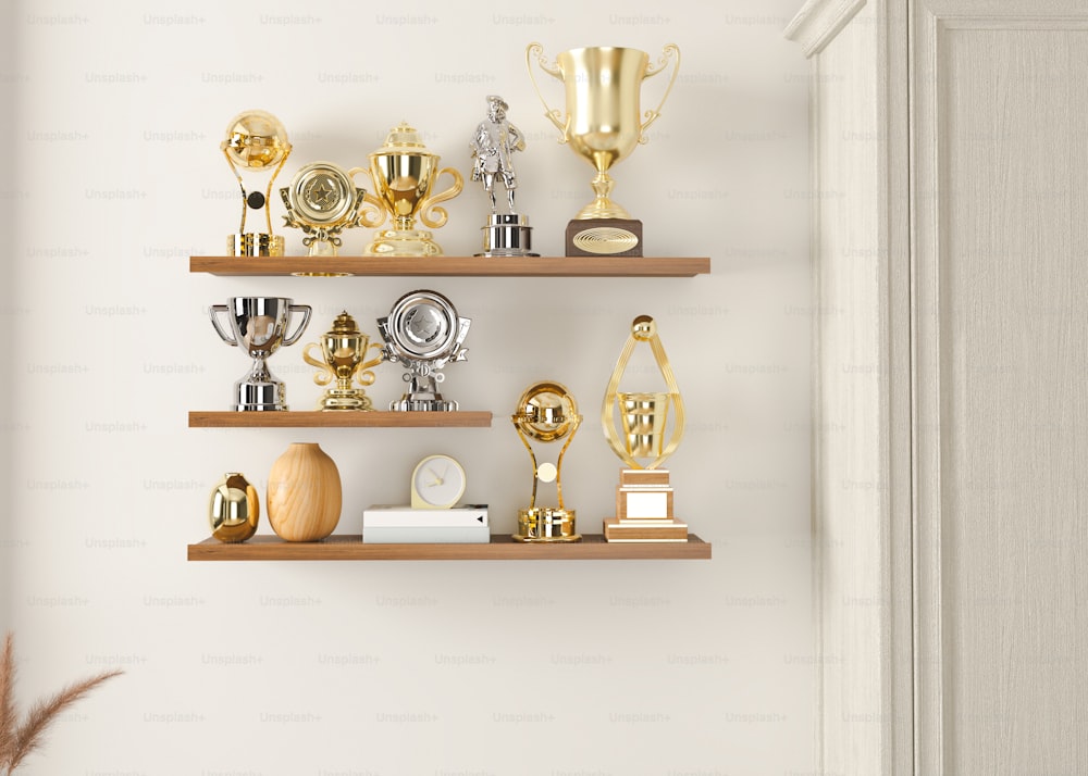 a couple of shelves that have trophies on them