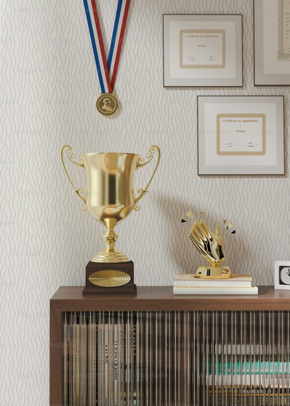 a gold trophy sitting on top of a wooden shelf
