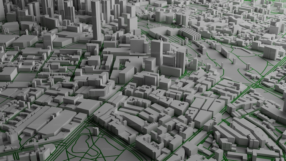 a 3d model of a city with green lines