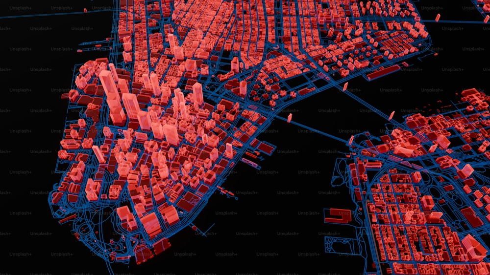 a map of a city is shown in red and blue