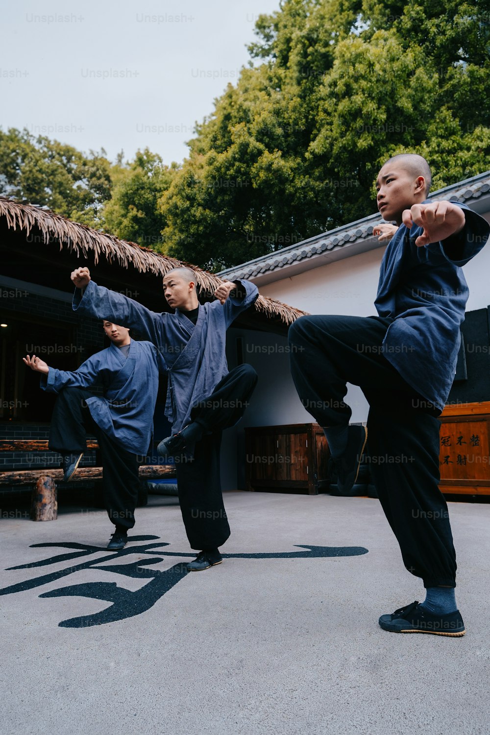 Un grupo de hombres practicando movimientos marciales en un patio