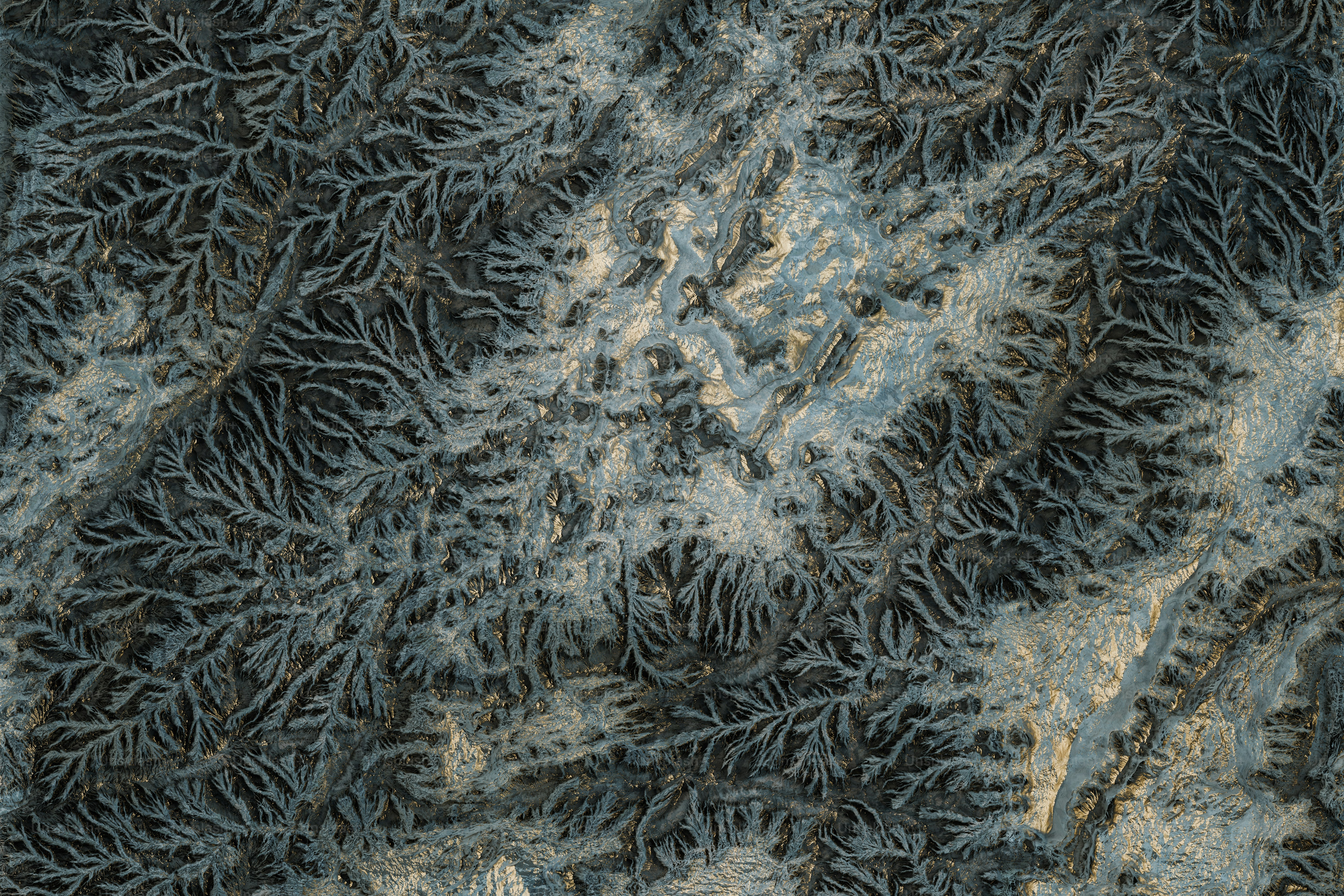 3D render of a rocky terrain with mountains from an aerial view.