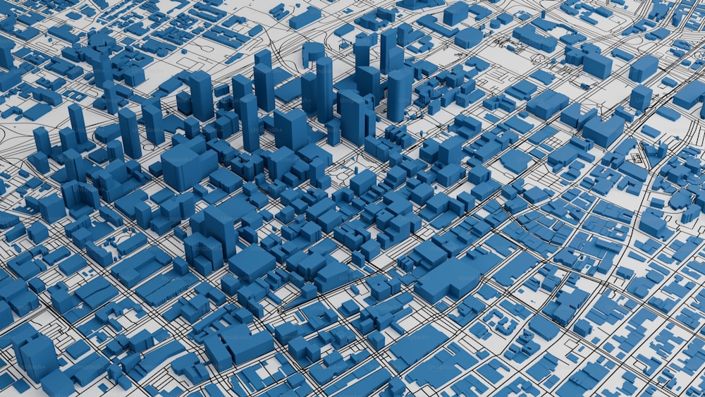 a 3d rendering of a city with lots of blue buildings