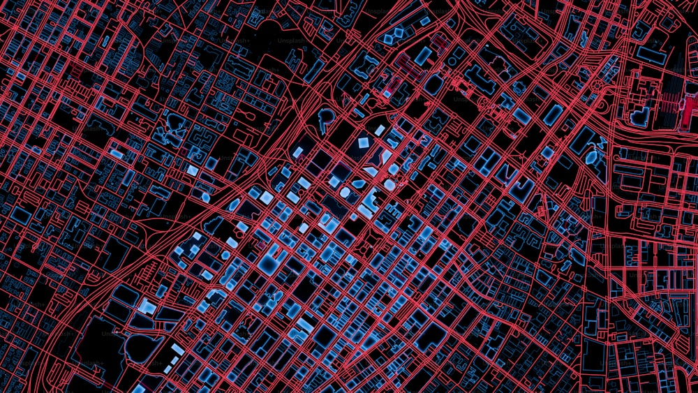 a red and blue map of a city