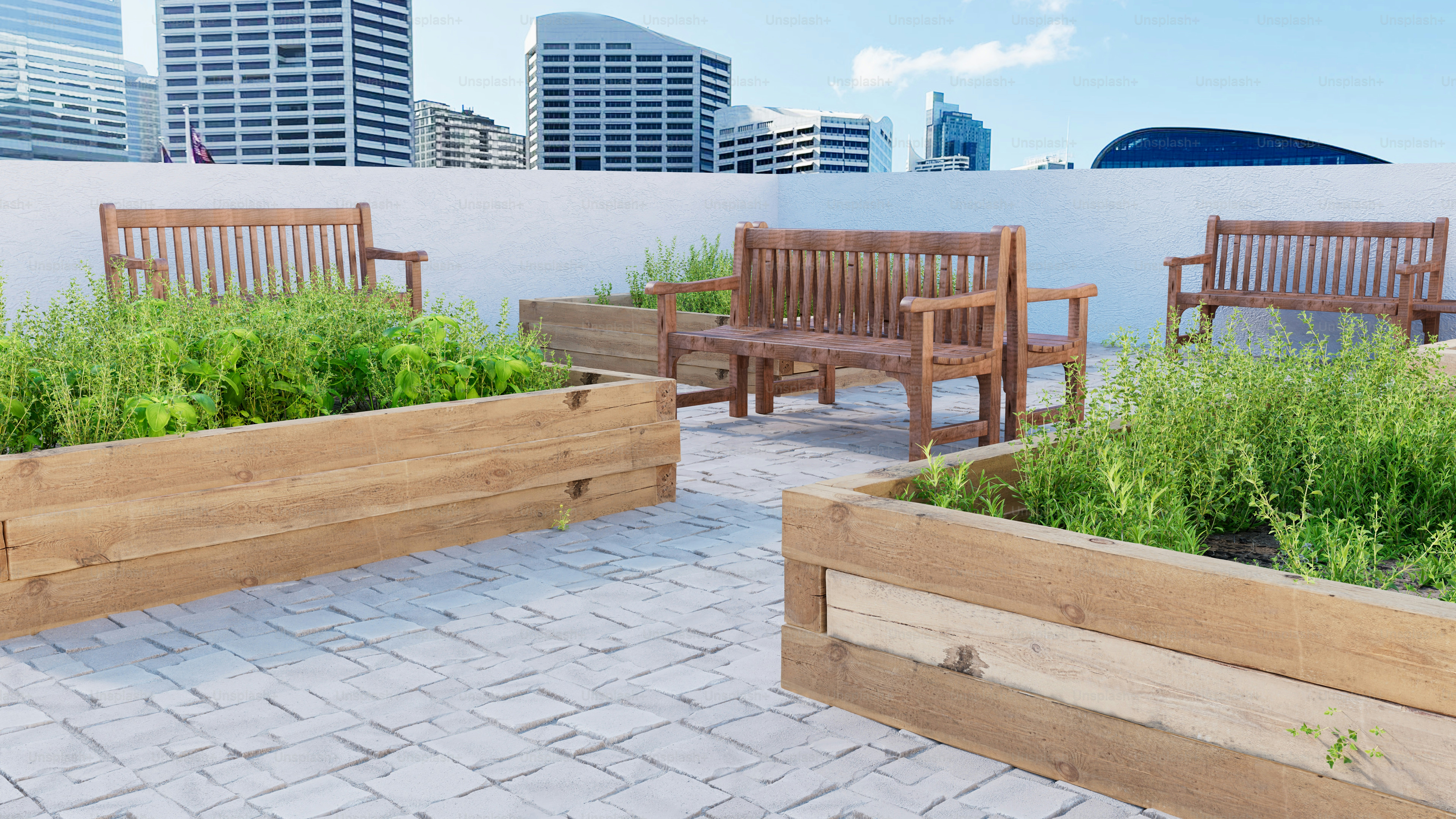 a group of wooden benches sitting next to each other