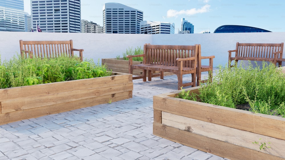 a group of wooden benches sitting next to each other