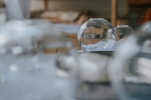 a close up of a glass object on a table