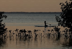 a person paddling a kayak on a lake at sunset