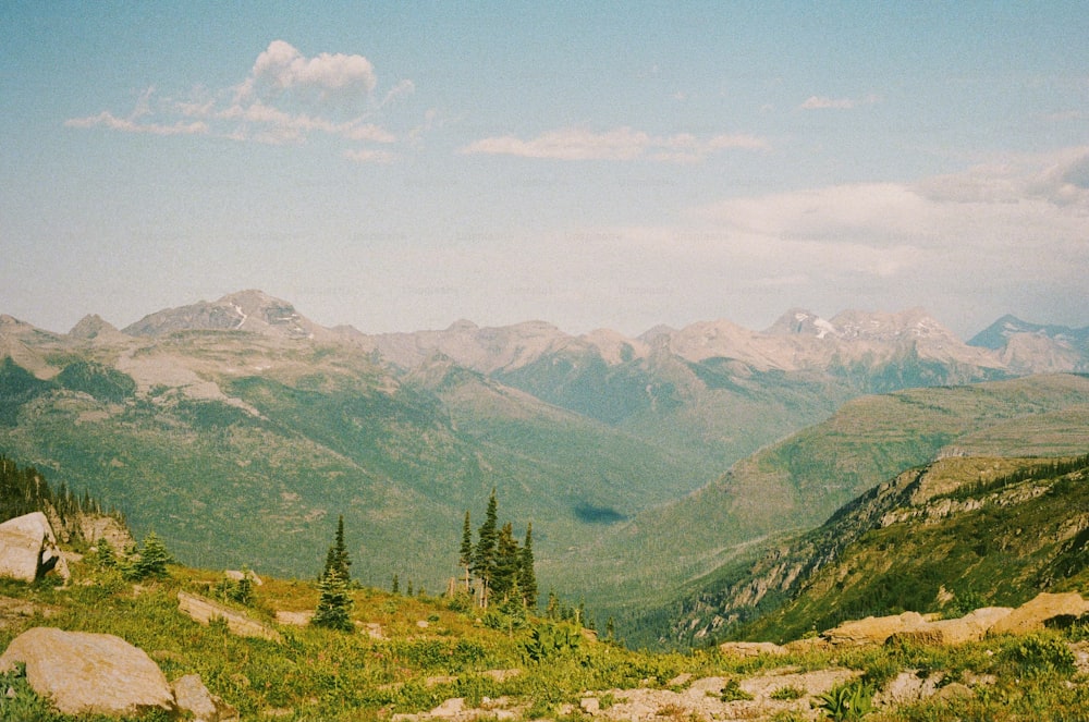 Una vista panoramica di una catena montuosa con alberi e montagne sullo sfondo