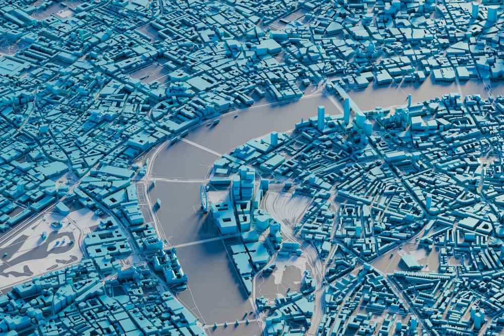 uma vista aérea de uma cidade com muitos edifícios azuis
