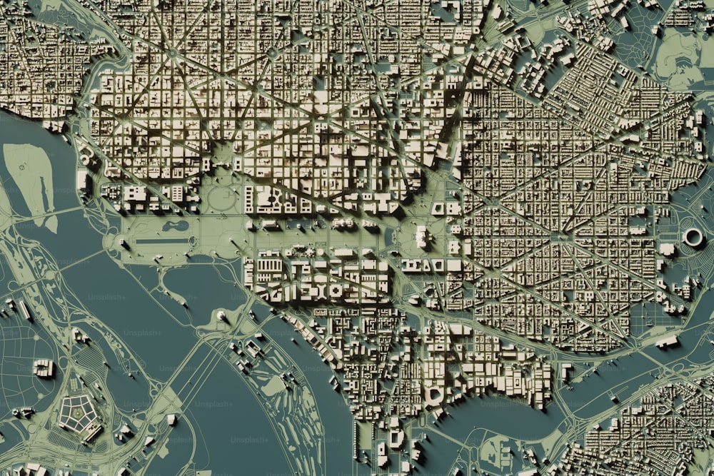 Una mappa di una città con molti edifici