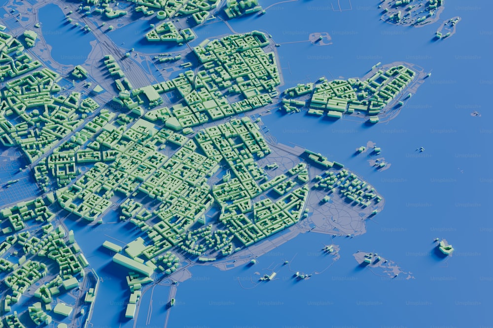 uma vista aérea de uma cidade na água